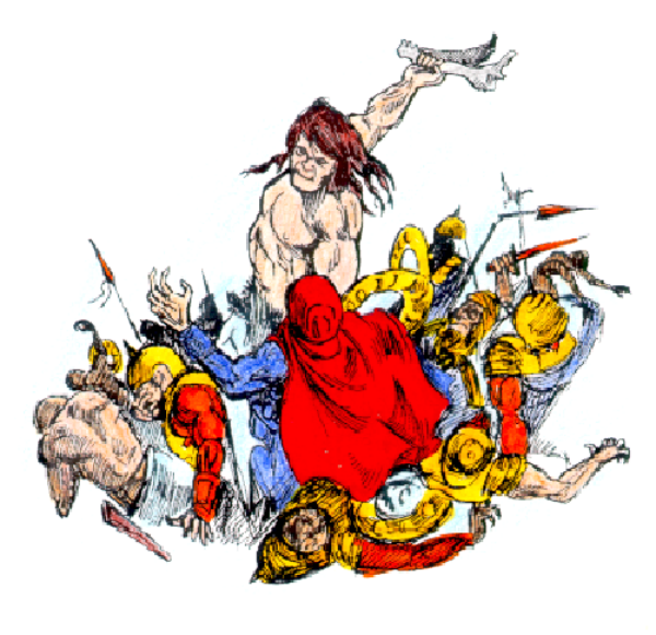 The image shows a pixelated scene with various characters that appear to be from an animated show; there is no text present in this clip-art representation of what seems like chaos among them.