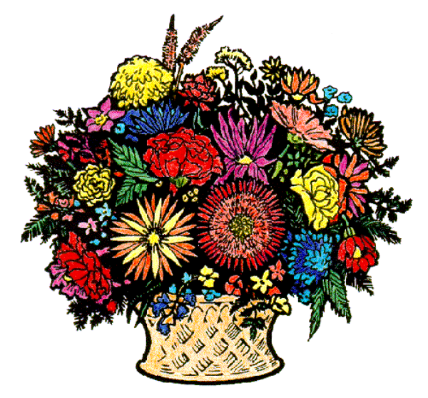 The image shows a bouquet of colorful flowers with various shades on each petal, set against a white background.