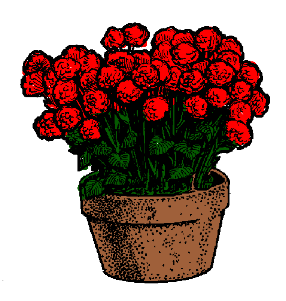 The image shows a digital representation of red flowers with green leaves inside an earthenware pot on what appears to be a computer screen next to another smaller icon that resembles a potted plant in grayscale, suggesting it might represent different types or stages of plants within the same application.