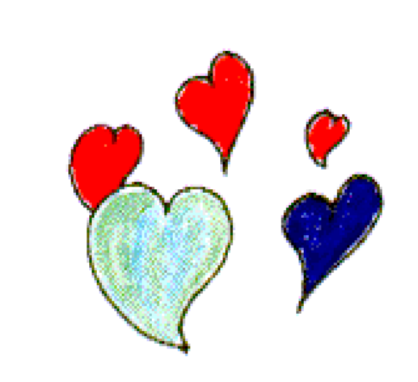 The image shows a digital illustration of two hearts with different patterns inside them: on top is an abstract design resembling stars against blue background; below it appears to be a heart-shaped object that could represent either another type of patterned material, like fabric or paper, in shades of green and white.
