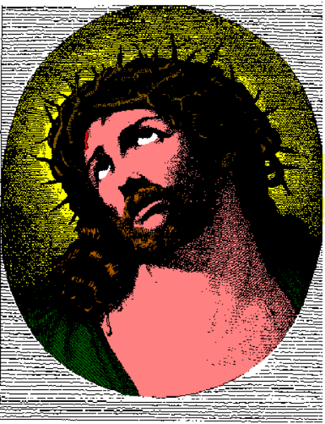 The image shows a pixelated representation of Jesus Christ with long hair against an indistinct background; it is stylized in a retro video game aesthetic.