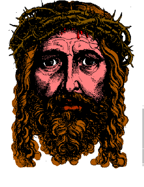The image shows a pixelated representation of Jesus Christ's face with long hair on his head, depicted as an iconic figure in Christian religious contexts.