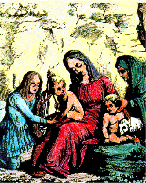 The image shows a colorful illustration of two women sitting together with an infant between them; both appear to be engaged in conversation while seated on what looks like church pews.