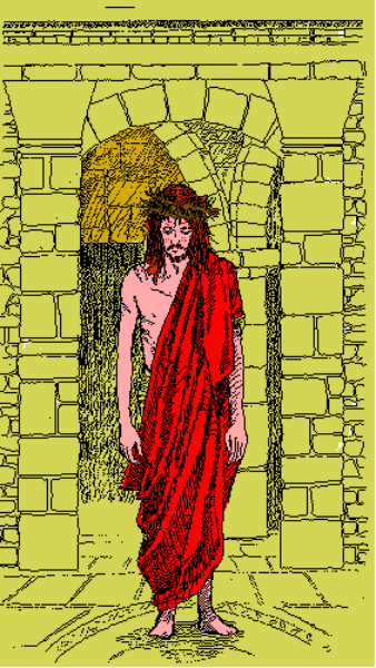 The image shows a pixelated figure of an individual walking through a yellow door frame with red clothing on their body; it is set against a beige background that resembles wallpaper texture.