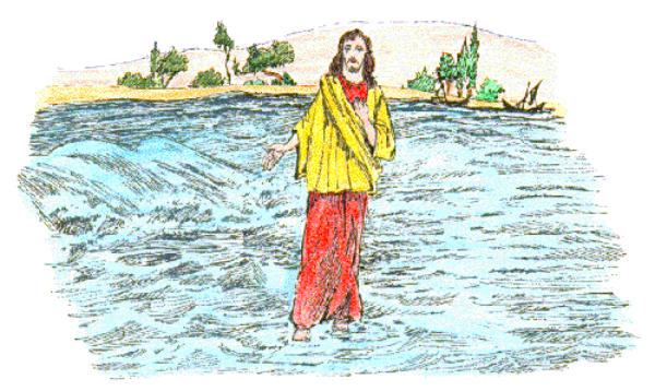 The image shows a pixelated scene with two figures: on the left side is an animated character standing by water's edge wearing red shorts; to their right stands another figure in yellow attire facing away from us, also near some body of water that appears calm and serene.