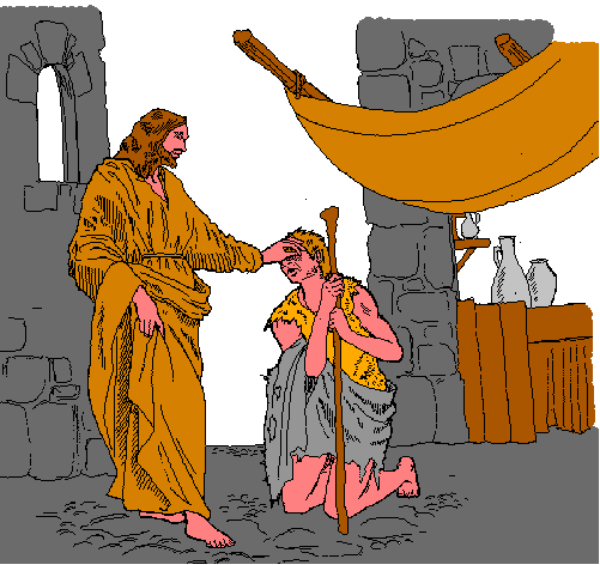 The image shows a pixelated scene with two figures: on the left side is an orange figure that appears to be standing near what looks like a bedroll; in front of this character stands another smaller figure dressed as Jesus Christ, holding out his hand towards it and seemingly interacting or communicating with the larger one.