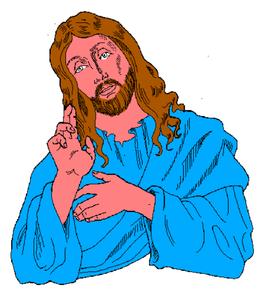 The image shows a pixelated representation of Jesus Christ with his arms crossed over himself against a white background.
