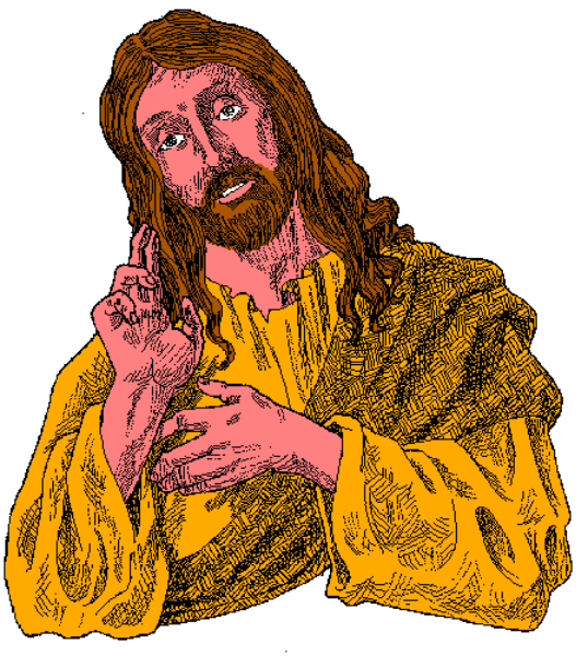 The image shows a pixelated representation of Jesus Christ with long hair sitting on his knees against a white background.