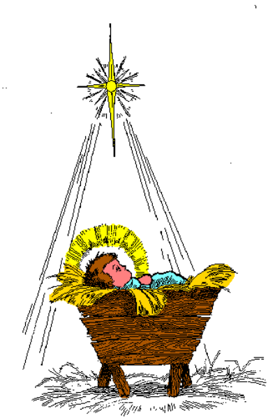 The image shows a cartoon depiction of Christmas scene with an infant inside a basket under what appears to be a tree adorned with decorations such as stars at its top; above it is another star, suggesting that this might represent either a nativity or simply a festive setting.