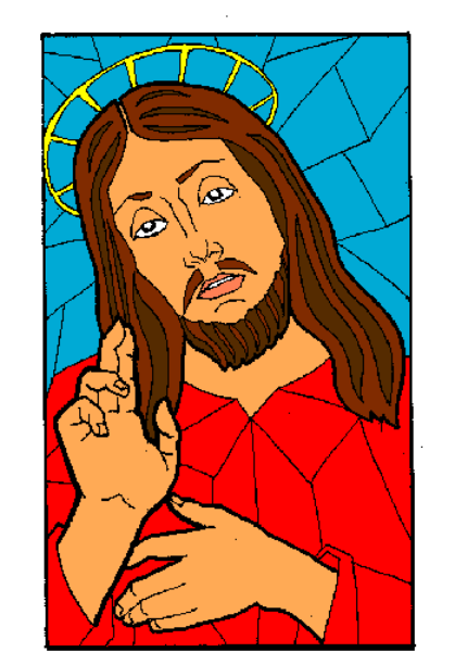 The image shows a pixelated representation of an illustrated character resembling Jesus Christ with long hair against a blue background.