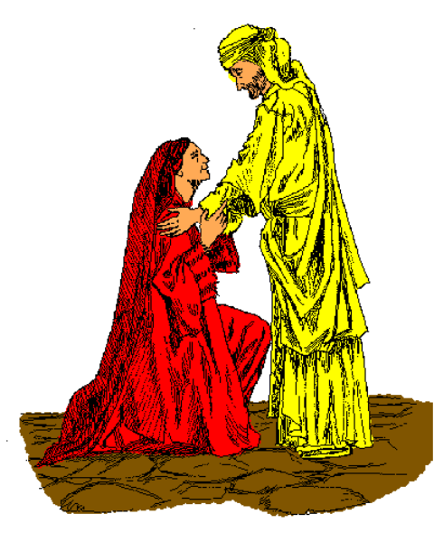 The image shows a pixelated illustration of two figures: an adult figure wearing yellow clothing standing next to another person who is kneeling in red attire with their head bowed towards the first figure's feet, suggesting reverence or prayer.