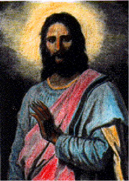 The image shows a pixelated representation of Jesus Christ with long hair and beard, wearing blue robes, holding what appears to be an instrument in his right hand while standing against a dark background that suggests nighttime.
