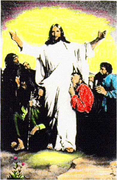 The image shows a pixelated representation of an animated character that appears to be Jesus Christ with outstretched arms against a background featuring other characters in various poses; it is stylized as if from a video game, and there's no text present.