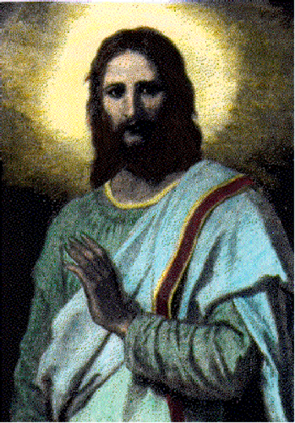 The image shows a pixelated representation of Jesus Christ with long hair, wearing blue robes, holding what appears to be an object in his right hand that could possibly represent bread or a scroll, set against a dark background and framed by light borders on either side.