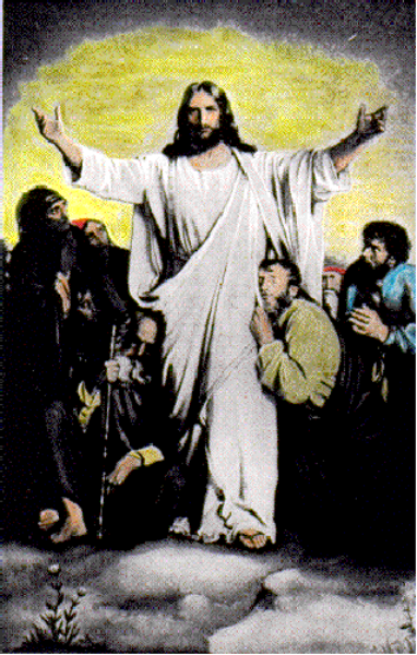 The image shows a person standing on an elevated platform with their arms outstretched against a backdrop of other figures that appear to be in motion; there is no text present within this small clip-art image, and it seems to depict some sort of performance or event involving multiple individuals.