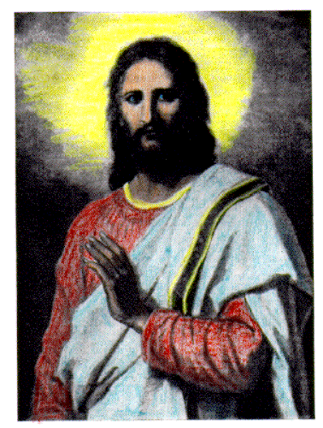 The image shows a pixelated representation of an individual who appears to be Jesus Christ with long hair, wearing what looks like traditional biblical attire including sandals, standing in front of a cross-like symbol on his chest and holding something that could resemble a scroll or booklet close to him.