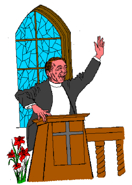 The image shows a pixelated illustration of an animated character standing on top of what appears to be a church pulpit with their arms raised in excitement or passion while preaching.