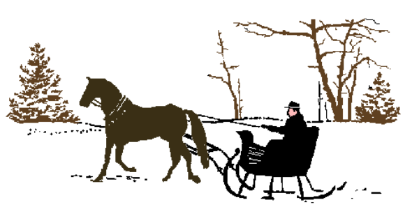 The image shows a black silhouette of three horses running on snow with trees around them at nighttime.