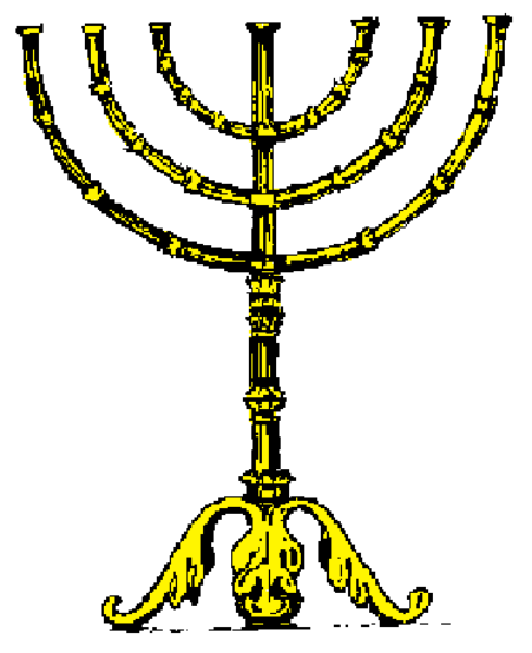 The image shows a stylized depiction of an illuminated menorah with seven branches against a white background on top left corner.