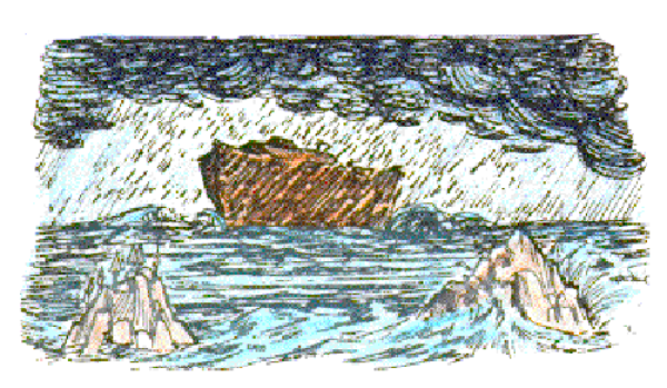 The image shows a ship on water with mountains visible behind it under an overcast sky.