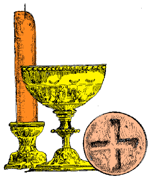 The image shows a candle holder with two candles on either side of it; an open book lying flat next to them in front view; above these items is another object that appears to be a chalice, and below all three objects there's what looks like a coin or medallion.