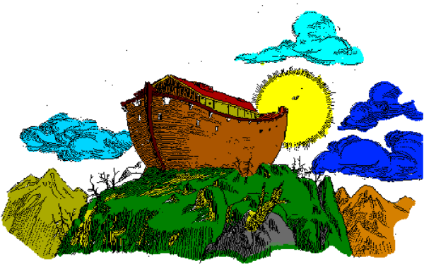 The image shows a colorful cartoon of an abstract landscape with various shapes representing hills, trees, clouds, sunshine rays, rainbow arcs, mountains in background, green grass on ground, blue sky above and yellow flowers below.