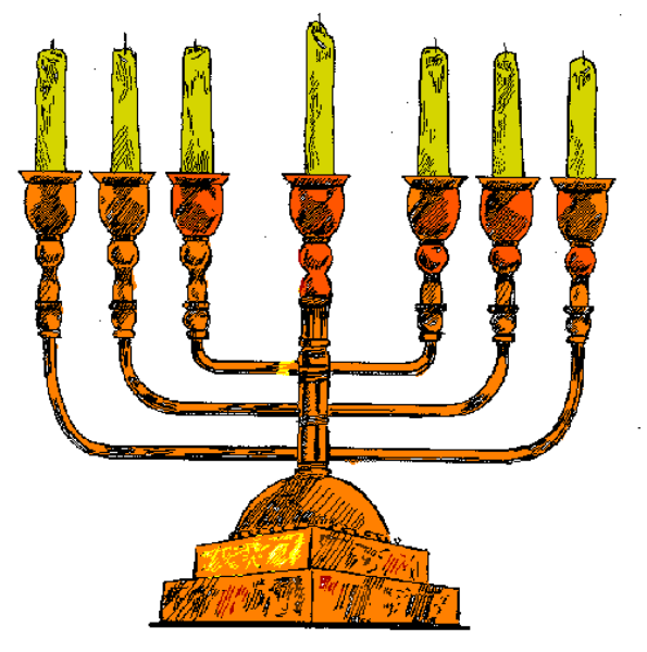 The images show a sequence of three different Hanukkah menoras with lit candles against varying backgrounds:

1) A traditional seven-branched Menorah in front of an orange flame, set on what appears to be a table or surface.