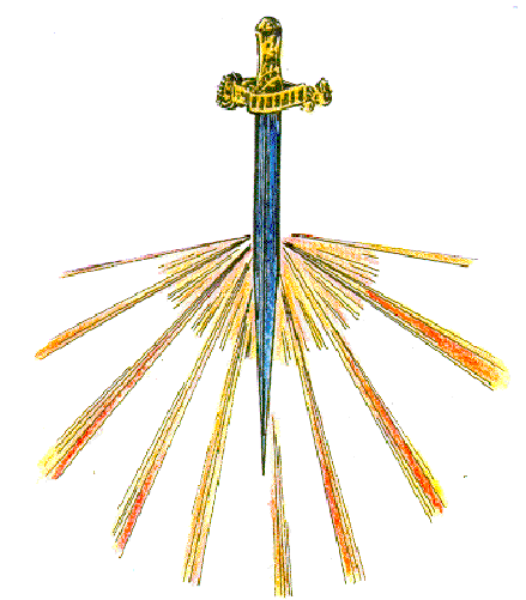 The image shows a stylized depiction of an explosion with sparks emanating from it against a white background on top left corner; in bottom right corner there is a cross symbolizing Christianity.