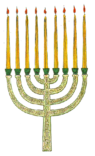The image shows a stylized depiction of an eight-branched menorah with seven lit candles on each branch against a white background to its left side; there is also what appears to be a small, yellow flag in front of it that has stripes and possibly some sort of emblem or design.