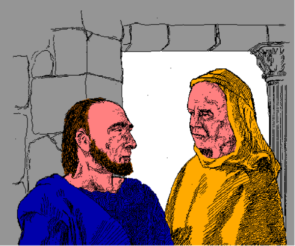 The image shows a pixelated scene with two characters: an older man on the left side of the frame wearing blue clothing standing next to another character who appears to be younger in yellow attire. They seem engaged in conversation, and there is no text present within this small clip-art style illustration.