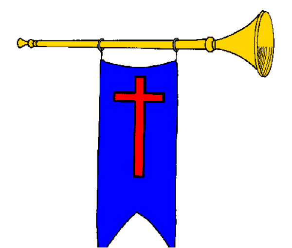 The image shows a flag with blue background on top half, red stripe down middle of pole, white stars at bottom corners, gold fringe along edges, and two crossed swords in center against darker blue banner.