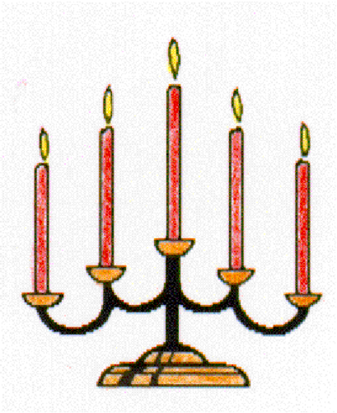 The image shows a candlelit chandelier with seven candles against a white background.