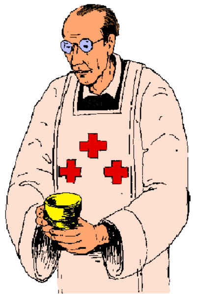 The image shows a cartoon of an older man dressed as a doctor with his hands clasped together over what appears to be a cross-like symbol on his chest; he is wearing glasses and has white hair, suggesting wisdom and experience in medical care.