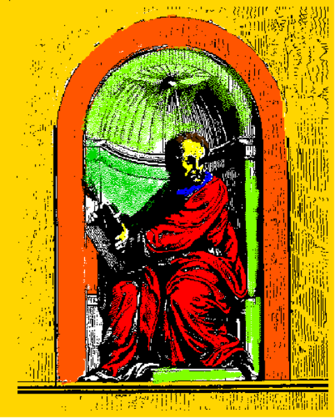 The image shows a stylized graphic of an archway with a shield design on it featuring what appears to be a red figure in armor inside.