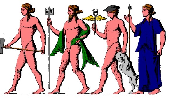 The image shows a group of six cartoon characters standing side by side against a white background; each character is dressed differently with various accessories like hats and masks on their heads.