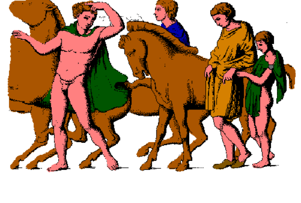 The image shows a group of cartoon characters riding horses; there's no text present on this clip-art graphic.