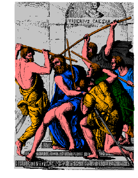 The image shows a group of individuals engaged in an altercation with each other; it is stylized to resemble clip-art graphics rather than realistic photography.