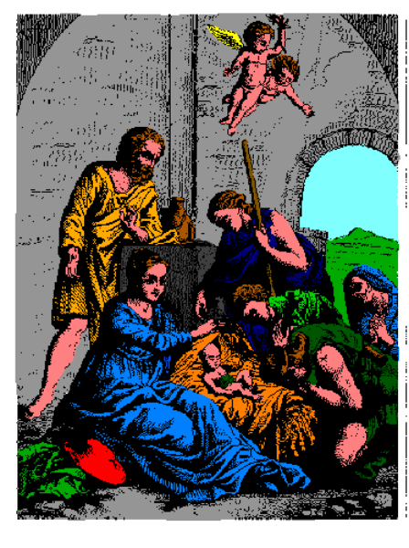 The image shows a pixelated representation of an outdoor scene with two figures that appear to be engaged in some sort of activity; one figure is seated on what looks like a bench while another stands nearby holding something blue, possibly related to technology given its shape and coloration.