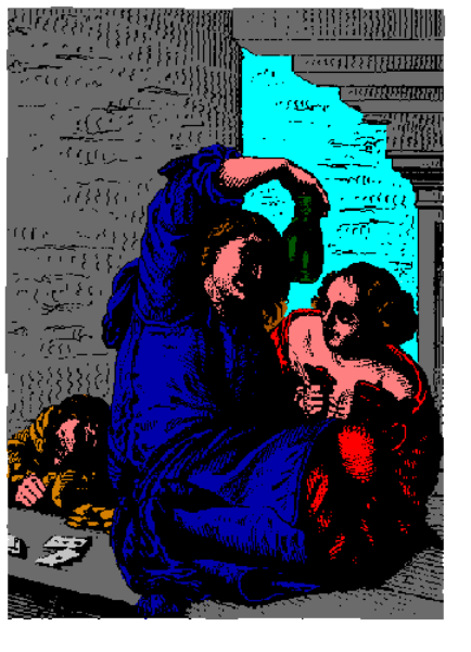 The image shows a pixelated representation of two figures sitting close together with their heads resting on each other's shoulders; it appears to be an old-fashioned video game graphic due to its low resolution, reminiscent of early 80s or 90s graphics style. There is no text present in the image provided. The setting seems abstract and does not provide any specific details about location or environment beyond what can be discerned from the pixelated figures themselves. No other objects are visible within this small clip-art graphic, which focuses on these two characters as its