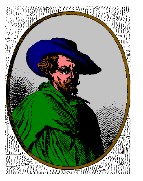 The image shows a pixelated representation of an old man with white hair wearing glasses, dressed in green clothing against a gray background; he is holding what appears to be a book.