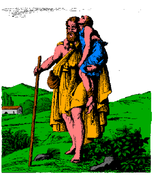 The image shows a pixelated representation of two figures standing on grass with trees behind them; it is stylized to resemble an old-fashioned video game graphic.