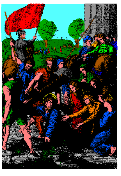 The image shows a pixelated representation of an animated scene with several figures that appear to be engaged in some sort of activity; there is no text present within this small clip-art image.