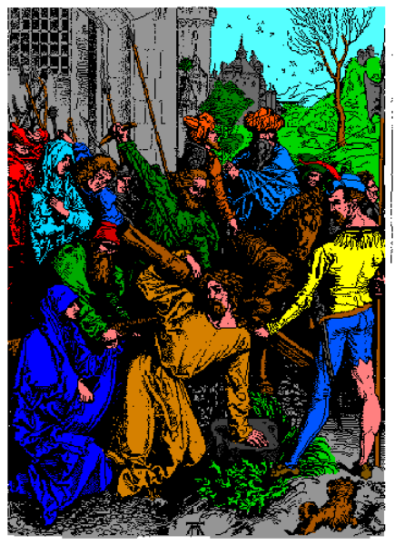 The image shows a pixelated representation of an abstract scene with various shapes that resemble figures standing together against what appears to be a background filled with more geometric forms in different shades; it's reminiscent of early computer graphics, possibly from video games or digital art styles popularized by retro consoles.