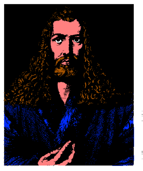 The image shows a pixelated portrait of an individual with long hair against a dark background; there is no text present on this small clip-art version.