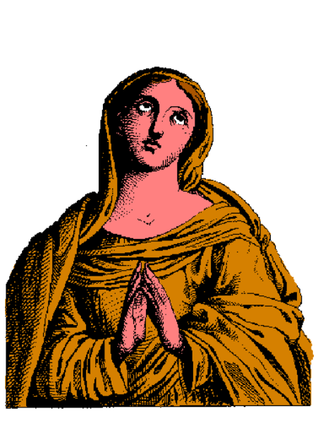 The image shows a pixelated representation of an iconic religious figure with hands clasped together, set against a plain background.