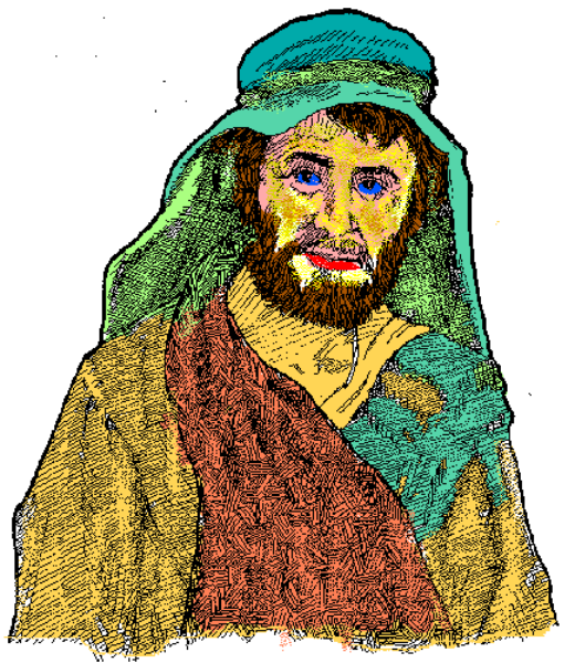The image shows a pixelated representation of an older man with facial hair wearing traditional attire that includes what appears to be turban-like headwear in shades of green and blue; he is depicted against a plain background, which does not provide any additional context or setting details.
