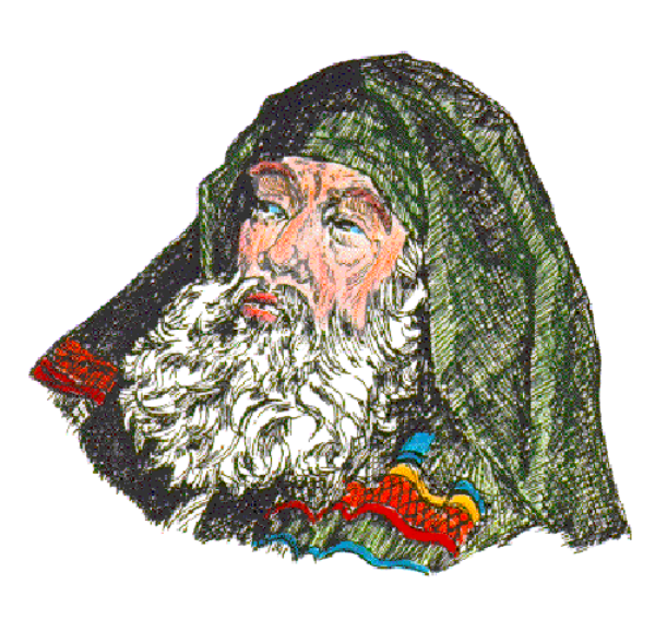 The image shows a pixelated representation of an elderly man with white hair wearing glasses and holding what appears to be a red flower in his right hand; he is dressed in green clothing that includes a hat resembling grass, suggesting it might represent nature or gardening theme.
