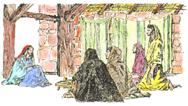 The image shows a group of animated characters sitting around an oval table with their backs to each other; there is no text present in this small clip-art image.