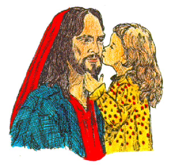 The image shows a pixelated illustration of two figures that resemble Jesus Christ embracing Mary Magdalene; both characters have long hair typical for their depiction in religious iconography.