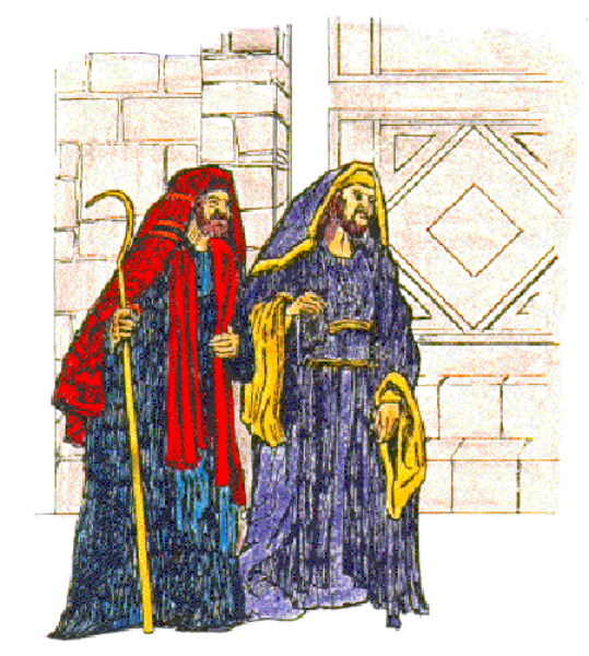The image shows a stylized illustration of two figures that appear to be dressed as religious characters standing side by side with one figure slightly in front of another against what looks like an abstract background featuring textures resembling stone blocks, possibly suggesting a historical or architectural setting.